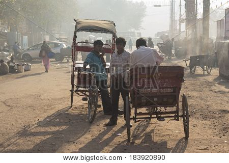 DELHI INDIA-MAR 21 : morning life of rickshaw driver at chandni chowk rickshaw is traditonal taxi of delhi on march 21 2015 india