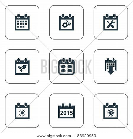 Vector Illustration Set Of Simple Date Icons. Elements Date Block, Snowflake, Summer Calendar And Other Synonyms Almanac, Sun And Block.