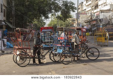 DELHI INDIA-JUN 10 : local rickshaw in old delhi. rickshaw as three wheeler bike taxi in local area of delhi on june 10 2015 india