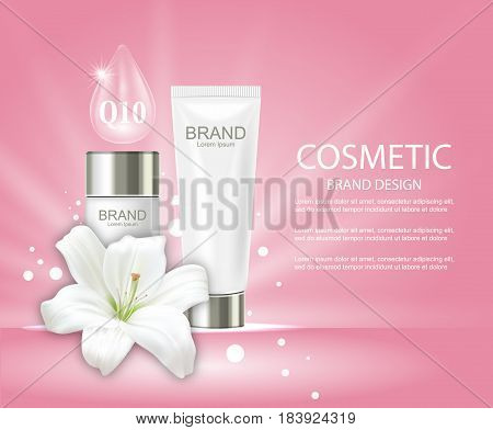 Illustration Advertising Poster with Cosmetic Tubes and Lily Flower - Vector