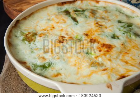 Young Cabbage Lasagna Stuffed With Vegetables And Rice With Bechamel  Sauce In Ceramic Dish On A Woo