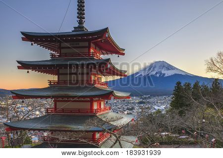 Churieto Pagoda and Fuji Mountain in Autumn Sunset, Fujiyoshida, Japan