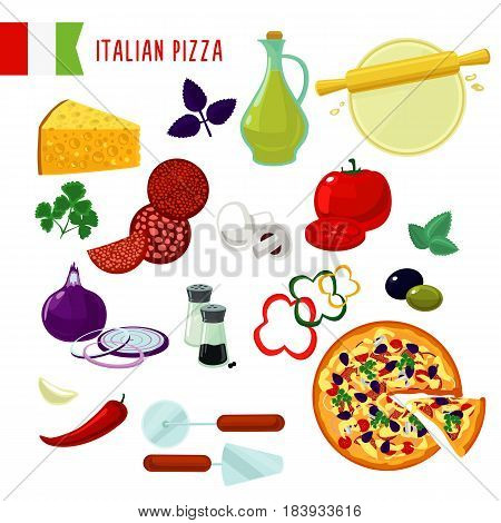Cartoon italian pizza ingredients set with cheese sausages vegetables olive oil spices and kitchen tools isolated vector illustration