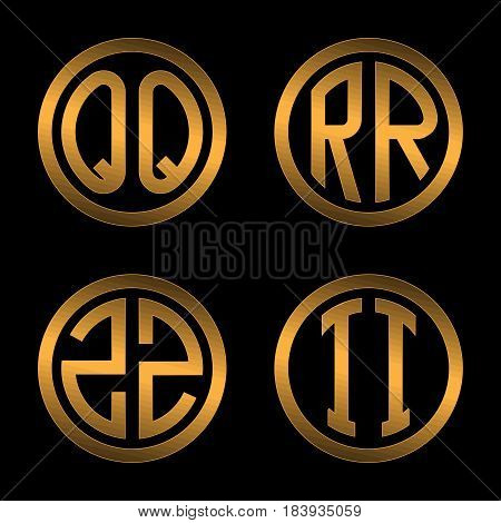 Set 1 of templates from two capital Golden letters on a black background Q, R, S, T inscribed in a oval. To create logos, emblems, monograms.