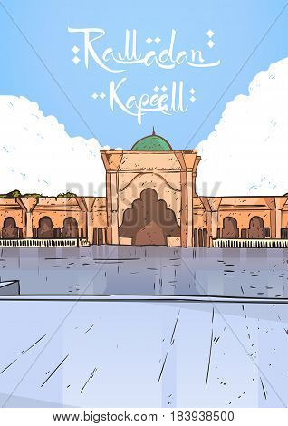 Nabawi Mosque Building Muslim Religion Ramadan Kareem Holy Month Vector Illustration