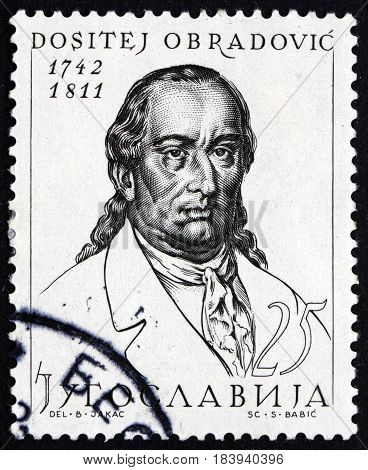 YUGOSLAVIA - CIRCA 1963: a stamp printed in Yugoslavia shows Dositej Obradovic Serbian Writer and Educator Was First Minister of Education of Serbia circa 1963