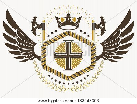 Classy emblem made with eagle wings decoration Christian religious cross and royal crown symbol. Vector heraldic Coat of Arms.