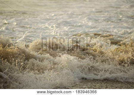 Foam of large ocean waves crashed against the sandy shore. Splashing waves on a tropical beach during sunset. Beautiful splashes of sea waves. Travel and beach vacation.