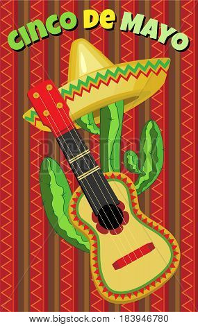 Vector greeting card for the holiday of Cinco de Mayo.Sombrero on the cactus and guitar on the background of the national ornament.