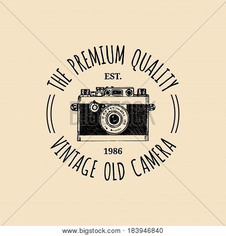 Photography logo. Vector vintage old camera label, badge, emblem. Hand sketched illustration for studio, store etc