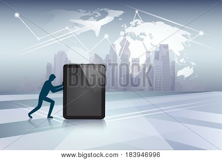 Silhouette Business Man Pushing Tablet Computer Electronic Gadget Network Communication Flat Vector Illustration