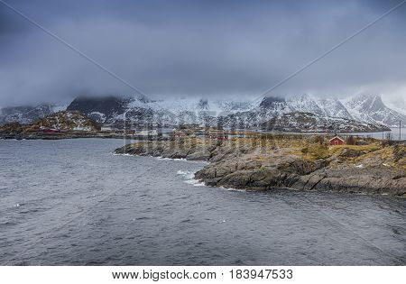 Classical Norwegian Hamnoy Village and Seascape During Early Spring Time. Horizontal Image Composition