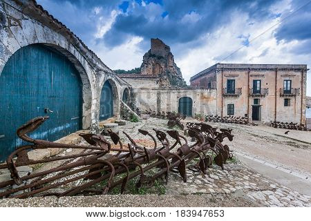 Tonnara At Scopello With Ancient Anchors, Sicily, Italy