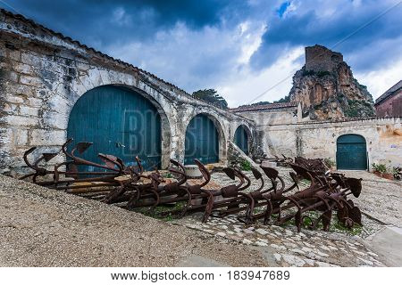 Tonnara At Scopello With Ancient Anchors, Sicily, Italy