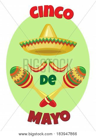 Vector image for a holiday of Cinco de Mayo. Sombrero and maracas for a pastel green oval.