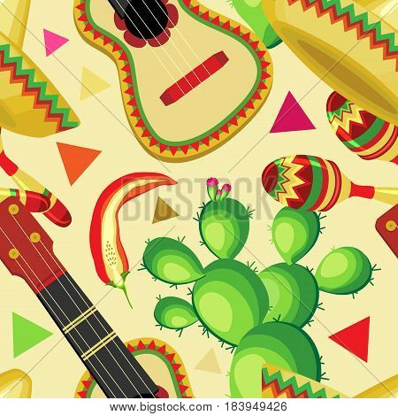 Vector seamless pattern on the holiday of Cinco de Mayo. Sombrero guitar cactus and maracas with vegetables on a pastel beige background.