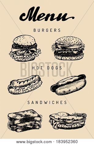 Fast food menu in vector. Burgers, hot dogs, sandwiches illustrations. Vintage hand drawn quick meals collection. Snack bar, street restaurant, cafe icons.