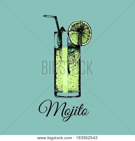 Mojito glass isolated. Vector illustration of alcoholic drink. Hand drawn sketch of traditional cocktail with slice of lime and straw. Restaurant, bar, cafe menu design. Party icon.