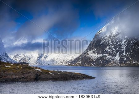 Scenery Mountain Landscape At Lofoten Islands In Norway During Early Spring Time.Horizontal image
