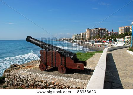 TORROX COSTA, SPAIN - OCTOBER 27, 2008 - Cannon on the edge of sea with views along the beach Torrox Costa Malaga Province Andalusia Spain Western Europe, October 27, 2008.