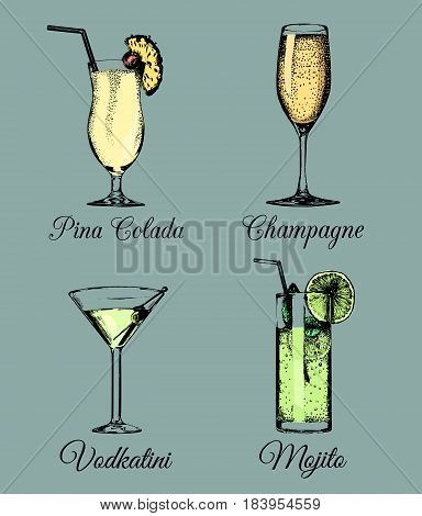 Cocktails and glasses. Hand sketched color alcoholic beverages. Vector set of drinks illustrations, Vodkatini, Mojito, Pina Colada, Champagne isolated.