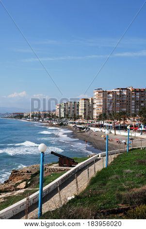 TORROX COSTA, SPAIN - OCTOBER 27, 2008 - Elevated view of the beach with the promenade and apartments to the rear Torrox Costa Malaga Province Andalusia Spain Western Europe, October 27, 2008.