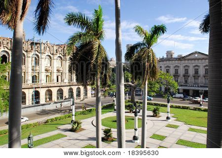 View on plaza and historic buildings from Capitolio building in Havana, Cuba