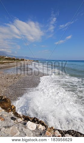 View along the beach and coastline Torrox Costa Malaga Province Andalusia Spain Western Europe.
