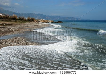 View along the beach and coastline Torrox Costa Malaga Province Andalusia Spain Western Europe.