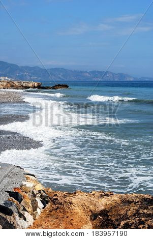 TORROX COSTA, SPAIN - OCTOBER 27, 2008 - View along the beach and coastline Torrox Costa Malaga Province Andalusia Spain Western Europe, October 27 2008.