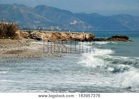 View along the beach and coastline Torrox Costa Malaga Province Andalusia Spain Western Europe.