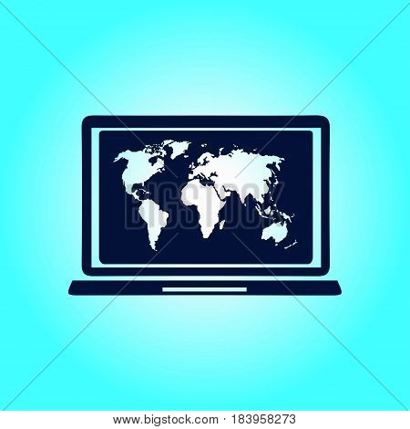 Laptop and world map illustration. World map geography symbol.  Flat design style.
