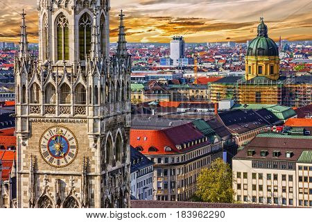 Munich architectural sunset view, Germany, Bavaria. Marienplatz town hall