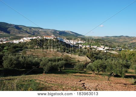 View of the white village and surrounding countryside El Burgo Malaga Province Andalusia Spain Western Europe.