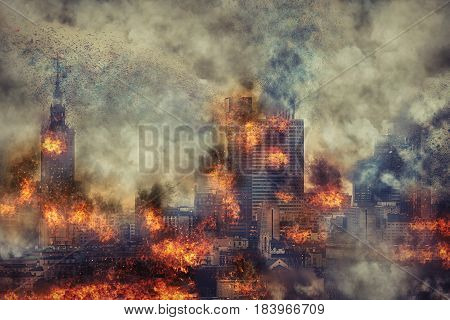 Apocalypse. Burning city abstract vision. Photo manipulation