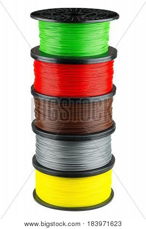 Five ABS or PLA filament coils for 3d print isolated on white background