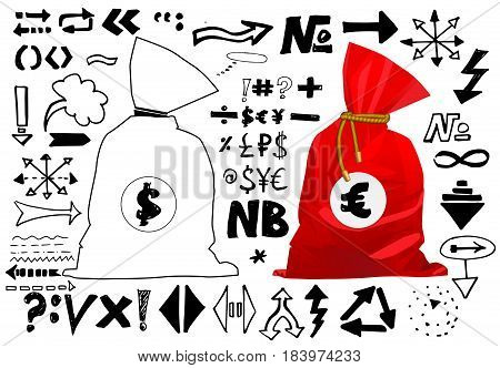 Doodle style sketch of a bag full of money finance and business. Vector illustration. Hand written arrows, lines and signs isolated on white background. Set of sketch doodle ready for your business.
