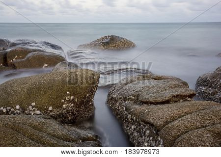 Long Exposure Of Sunset At The Sea,larn Hin Khao , Rayong,thailand , Sunset At White Rock Beach , Ra
