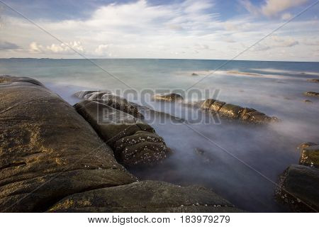 Long Exposure Of Sunset At The Sea,larn Hin Khao , Rayong,thailand , Sunset At White Rock Beach , Ra