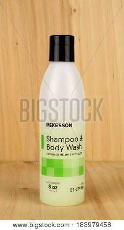 RIVER FALLS,WISCONSIN-APRIL 28,2017: A bottle of McKesson brand shampoo and body wash.