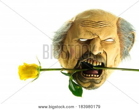 Spooky mask with yellow rose with white background