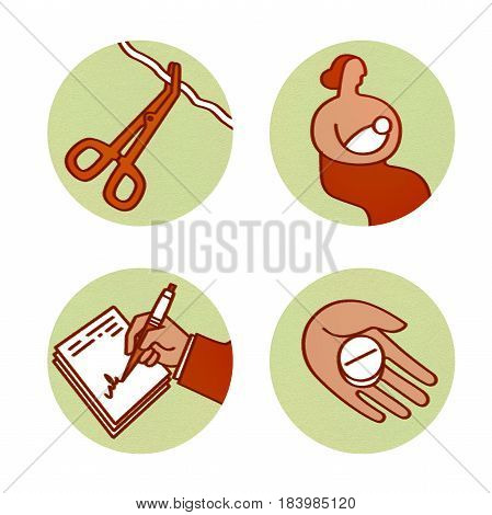 A set of raster icons on the topic of medical insurance and medical services. Emergency care medication maternity protection documentary support. On a textured background