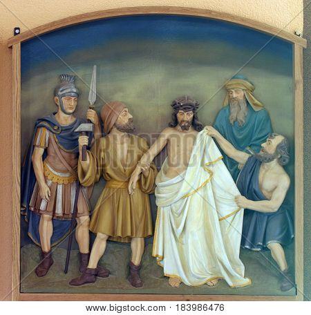 BUDASEVO, CROATIA - NOVEMBER 05: 10th Stations of the Cross, Jesus is stripped of His garments, Church of the Blessed Aloysius Stepinac in Budasevo, Croatia on November 05, 2007