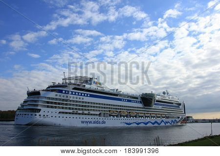 Velsen the Netherlands -April 19th 2017: Aida Sol on North Sea Canal on it's way to the Amsterdam Cruise Terminal