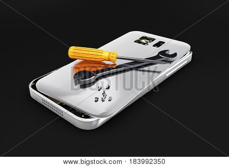 Mobile phone repair Broken mobile phone with screwdriver and spanner. 3D illustration. Isolated black