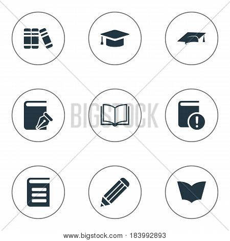 Vector Illustration Set Of Simple Reading Icons. Elements Academic Cap, Important Reading, Reading And Other Synonyms Writing, Sketchbook And Pencil.