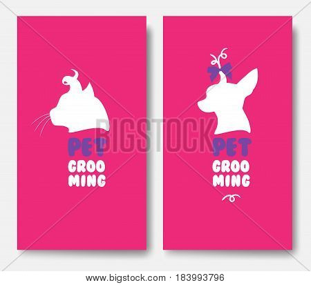 Business cards templates of grooming service pet with cat silhouette and chihuahua silhouette on pink background