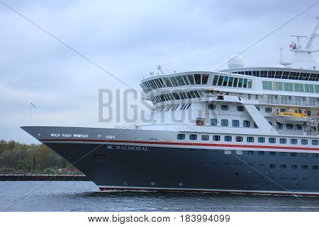 Velsen The Netherlands - April 27th 2017: Balmoral Fred Olsen Cruise Lines in North Sea Canal towards IJmuiden sealock