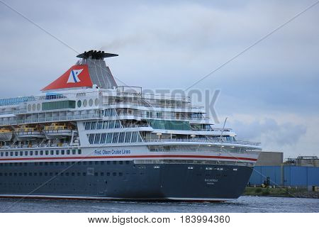 Velsen The Netherlands - April 27th 2017: Balmoral Fred Olsen Cruise Lines in North Sea Canal towards IJmuiden sealock