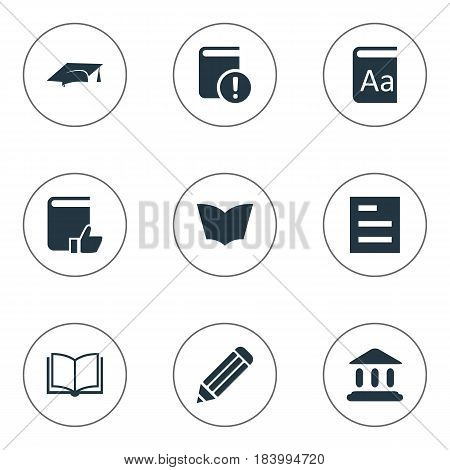 Vector Illustration Set Of Simple Reading Icons. Elements Reading, Academic Cap, Pen And Other Synonyms Page, School And Cap.
